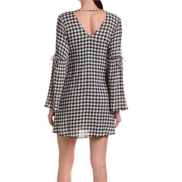 NWT Michael Stars L black white gingham gauzy v-neck shift dress, flare sleeves - Picture 7 of 10